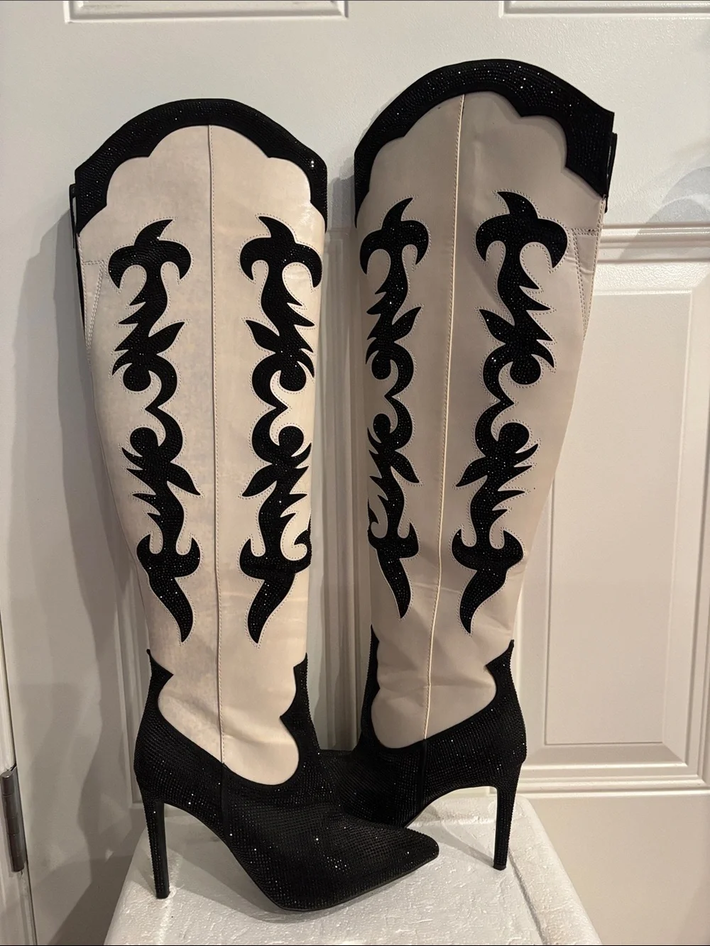 Tall Western-Inspired Knee Boots in Cream and Black